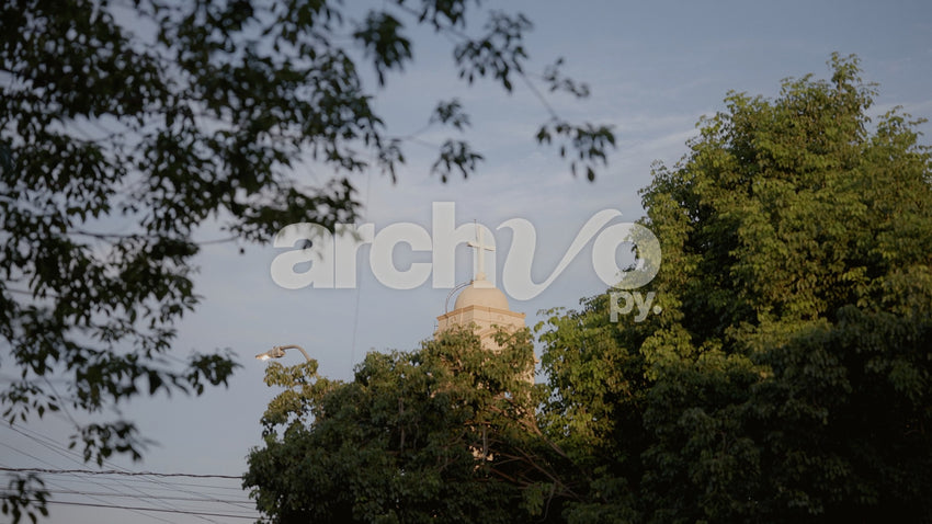 Torre de iglesia con cruz entre vegetación en Concepción, plano fijo
